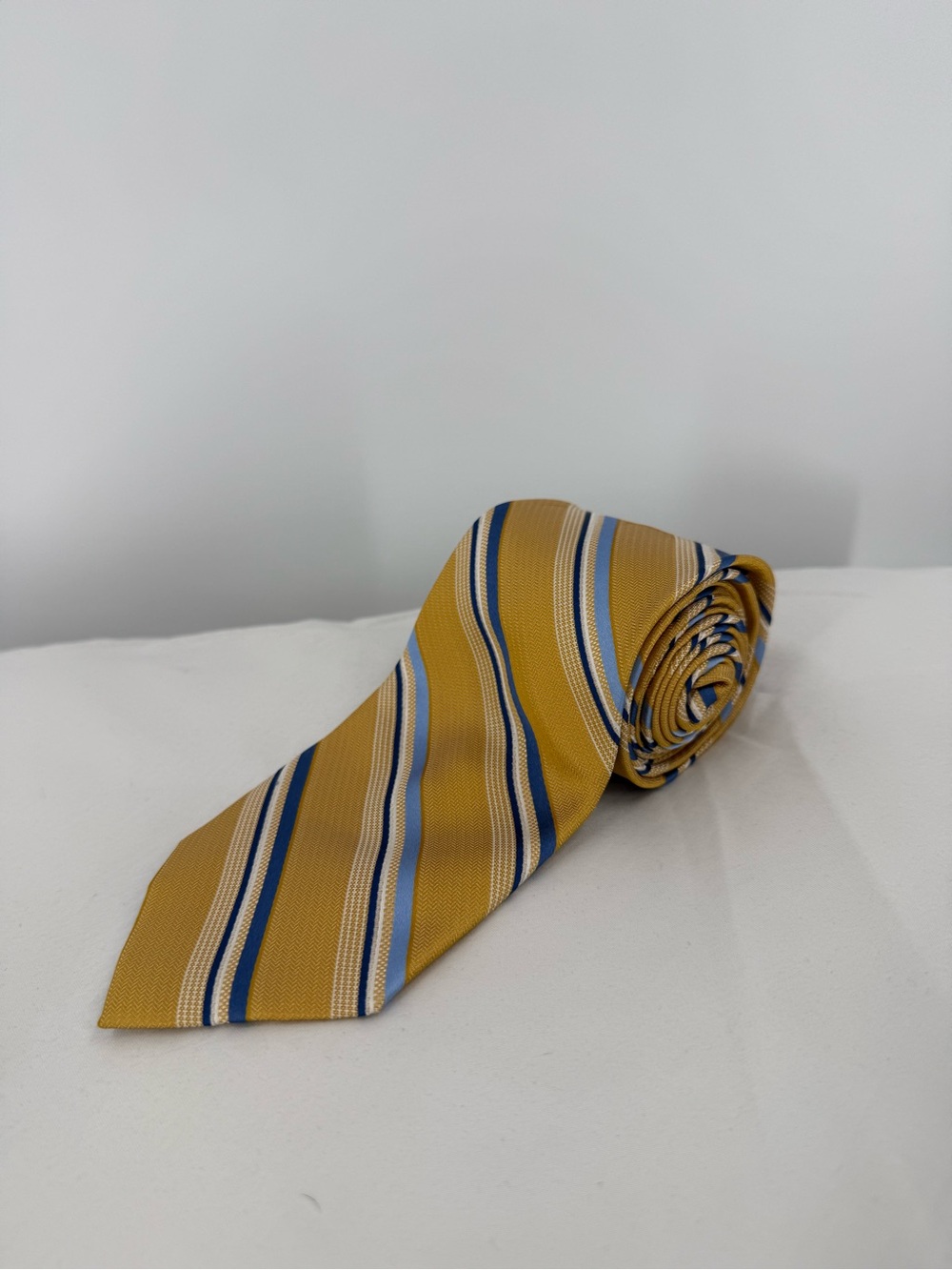 Pronto Uomo Mustard Yellow Striped Silk Tie with Navy and Light Blue